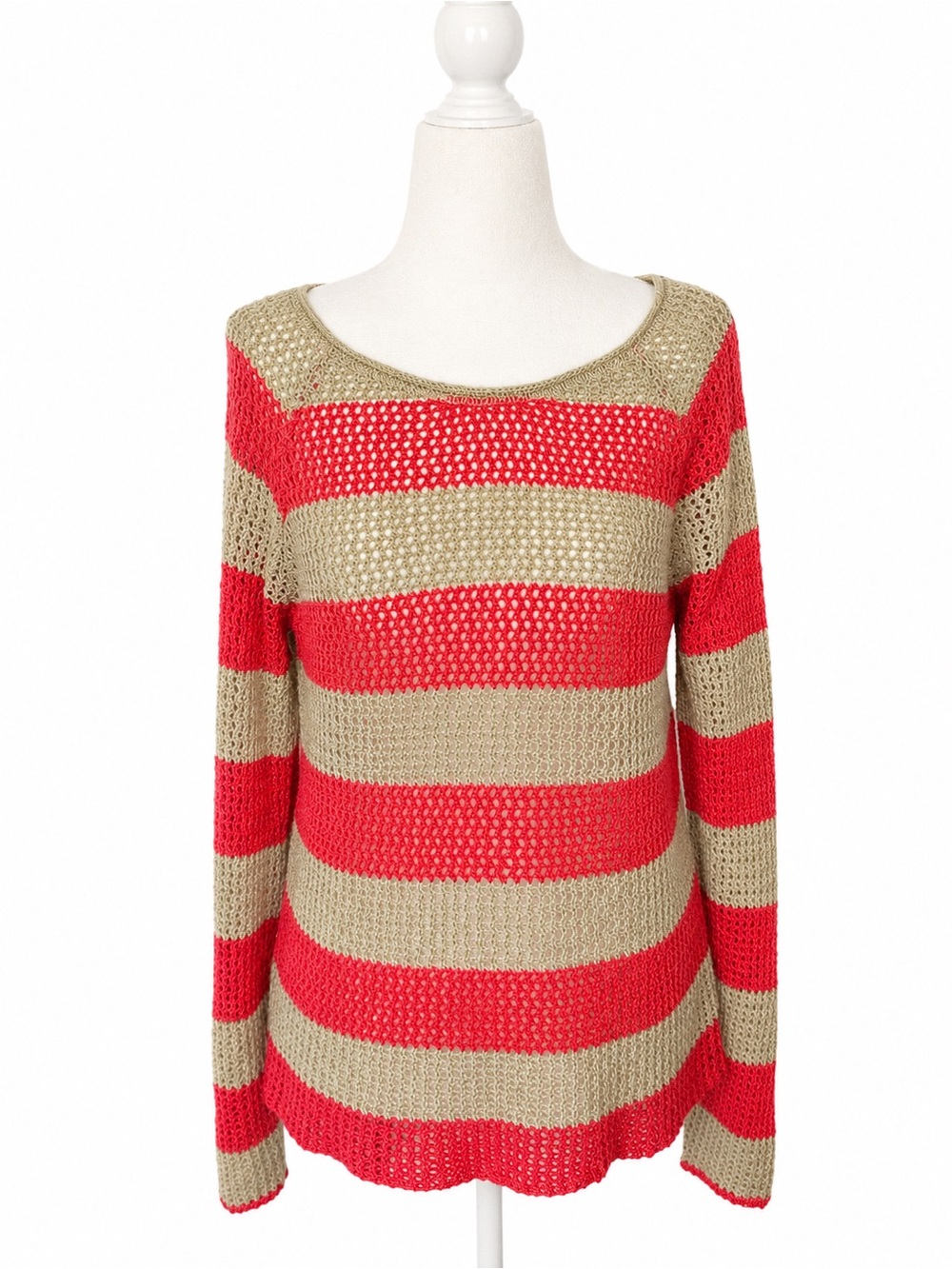 Say What USA Open Knit Striped Sweater Red Tan Long Sleeve Y2K Sheer Top S/M